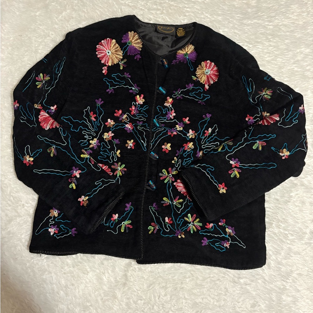 JULIA KIM Vintage Black Floral
Grandma Embroidery Cardigan Glass
Buttons Sz PM